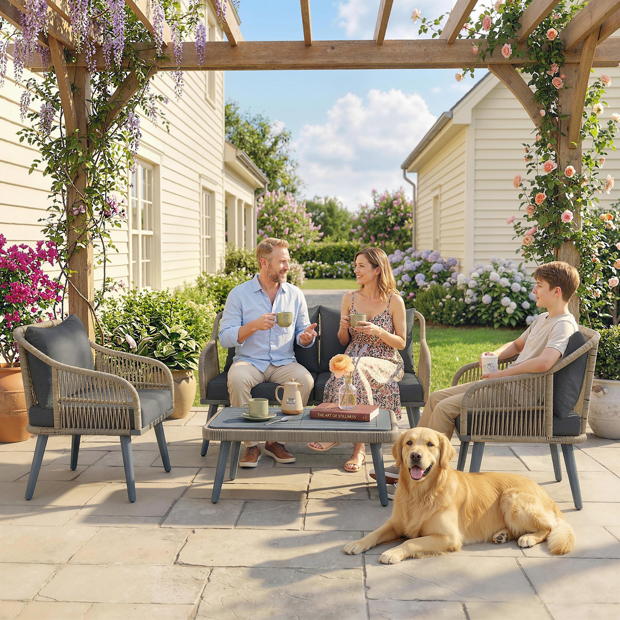 Woven gray 4 piece rattan garden furniture set with loveseat armchairs acacia wood coffee table and dark cushions