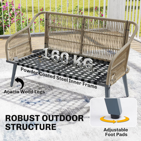 Beige woven wicker outdoor bench with powder-coated steel frame and acacia wood legs in outsunny grey furniture set