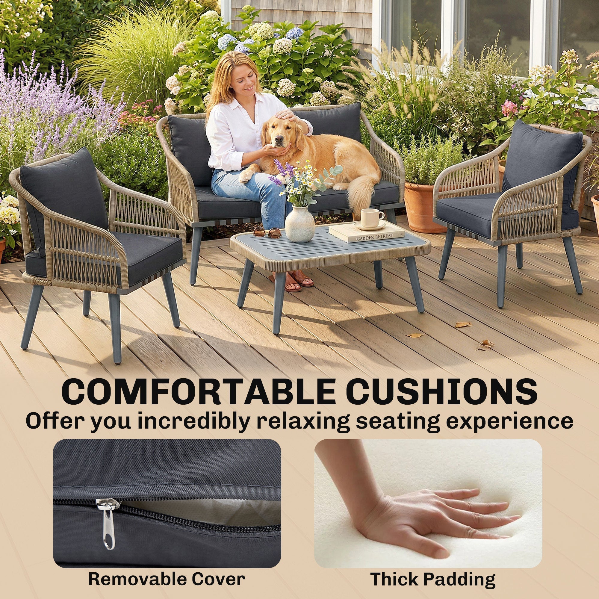 Navy blue cushioned outdoor rattan furniture set with wicker frames metal legs and acacia wood coffee table for patio use