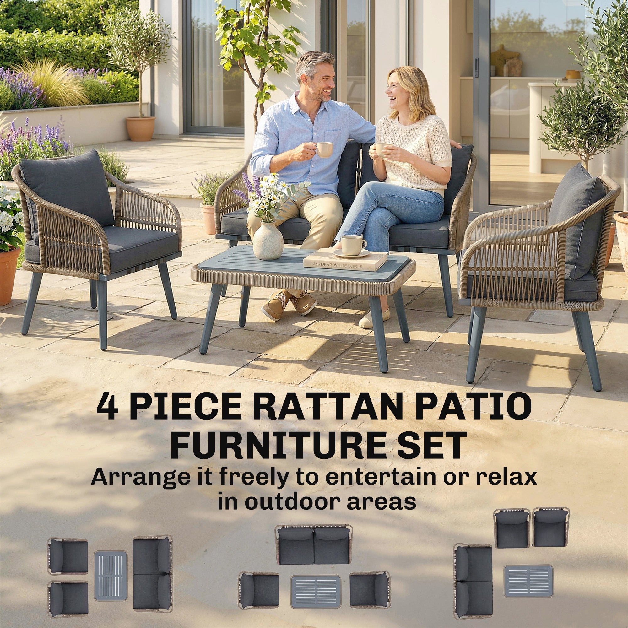 Outsunny 4 piece gray woven rattan furniture set with dark gray cushions metal legs acacia wood coffee table