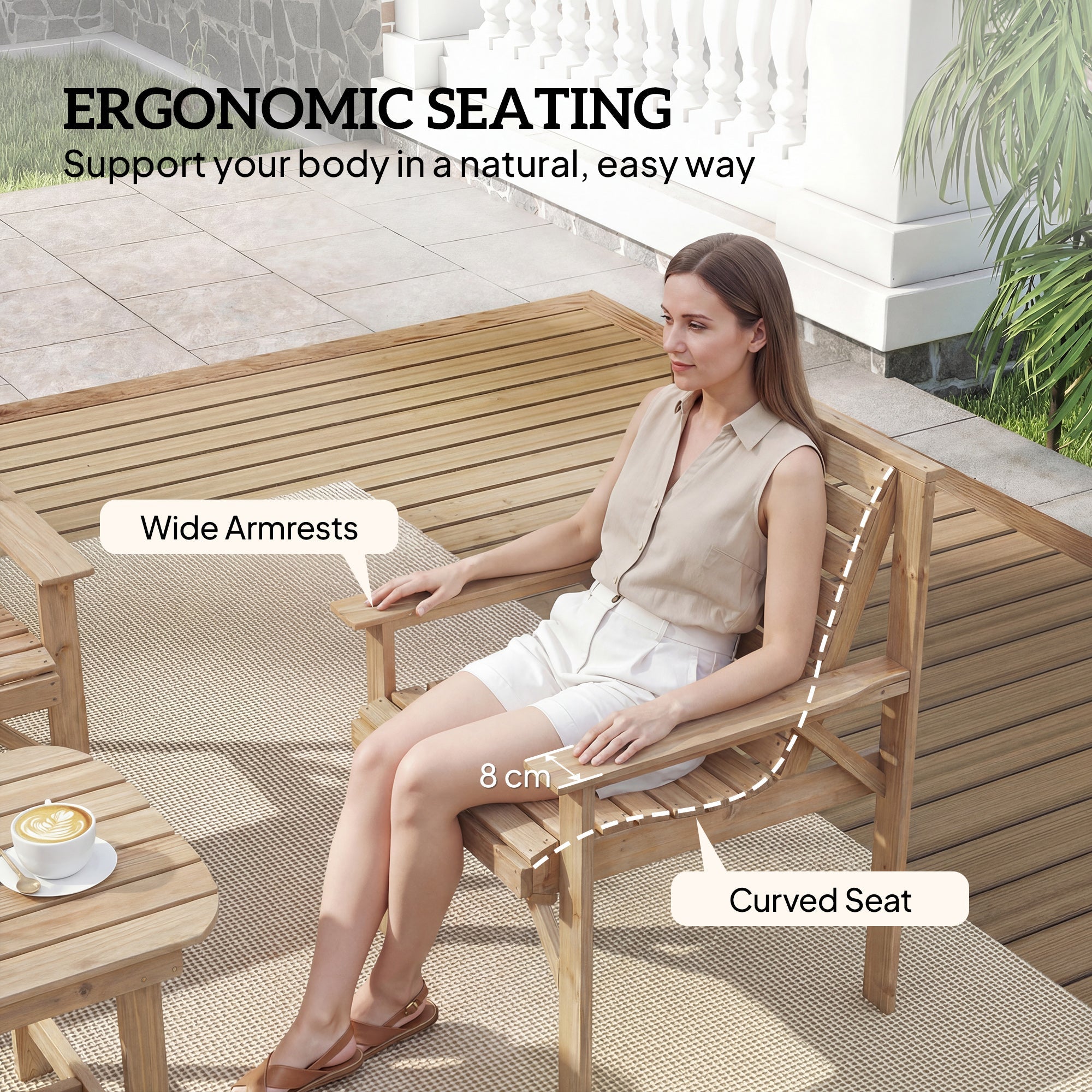 Light brown wooden outdoor armchair with wide arms and curved seat from outsunny natural wood furniture set with coffee table