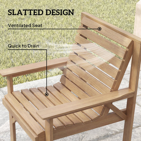 Light brown wooden outdoor armchair with slatted design and ventilated seat in outsunny natural wood furniture set with coffee table