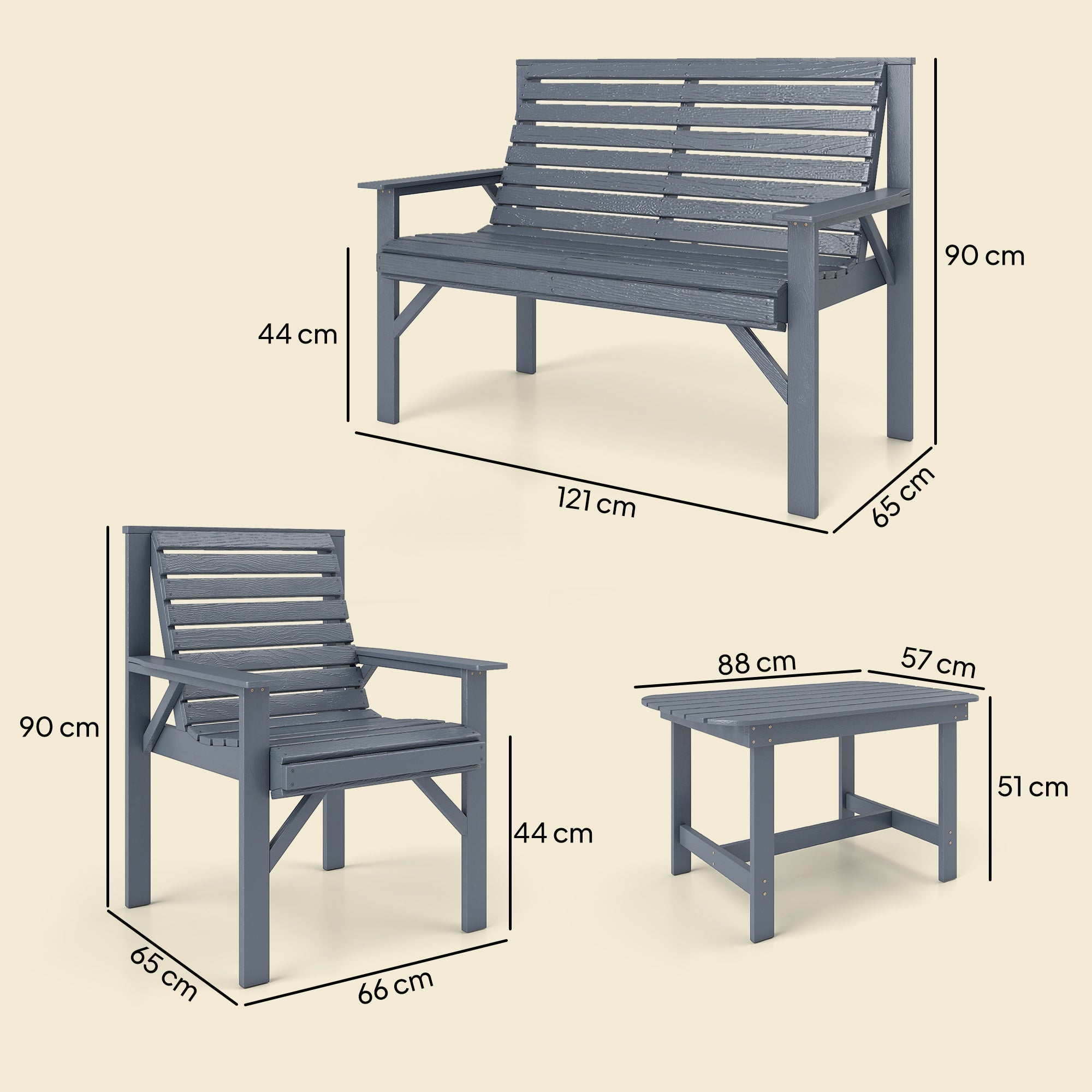 Gray slatted wooden outdoor bench with armrests and dimensions labeled from outsunny garden furniture set
