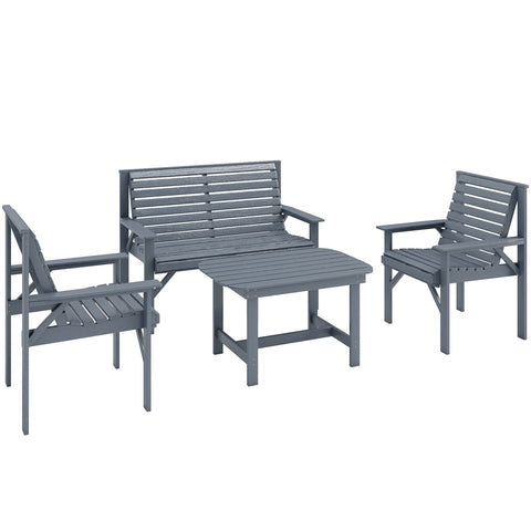 Gray wooden outdoor furniture set featuring a bench, two armchairs, and a coffee table for garden use