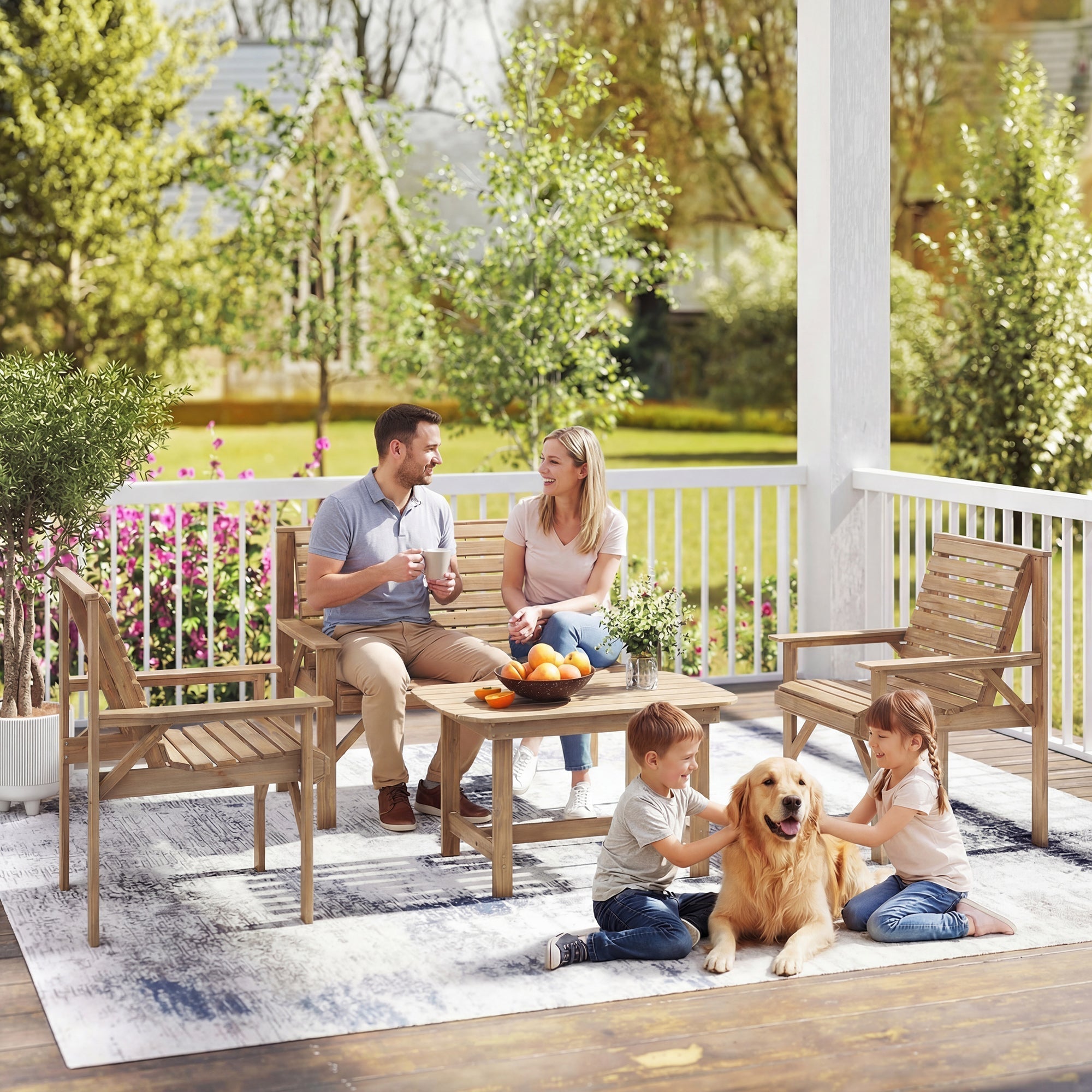 Light brown natural wood furniture set with slatted seats and backs including coffee table for outdoor use