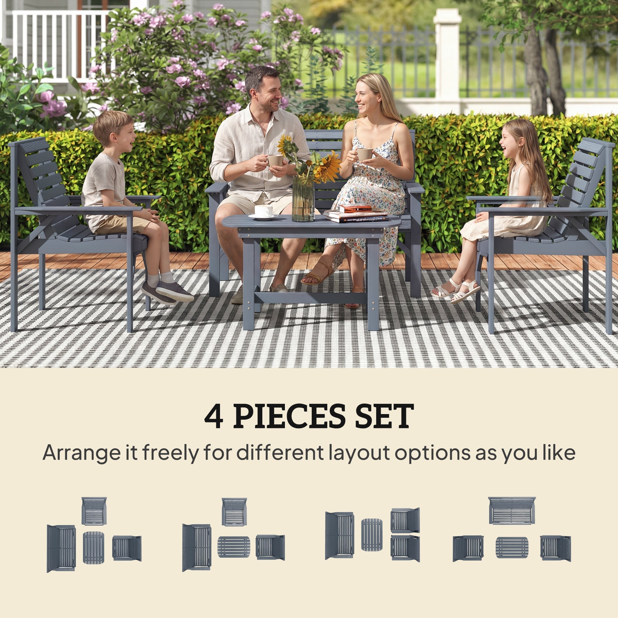 Outsunny 4 piece gray wooden garden furniture set with loveseat armchairs and coffee table for outdoor use