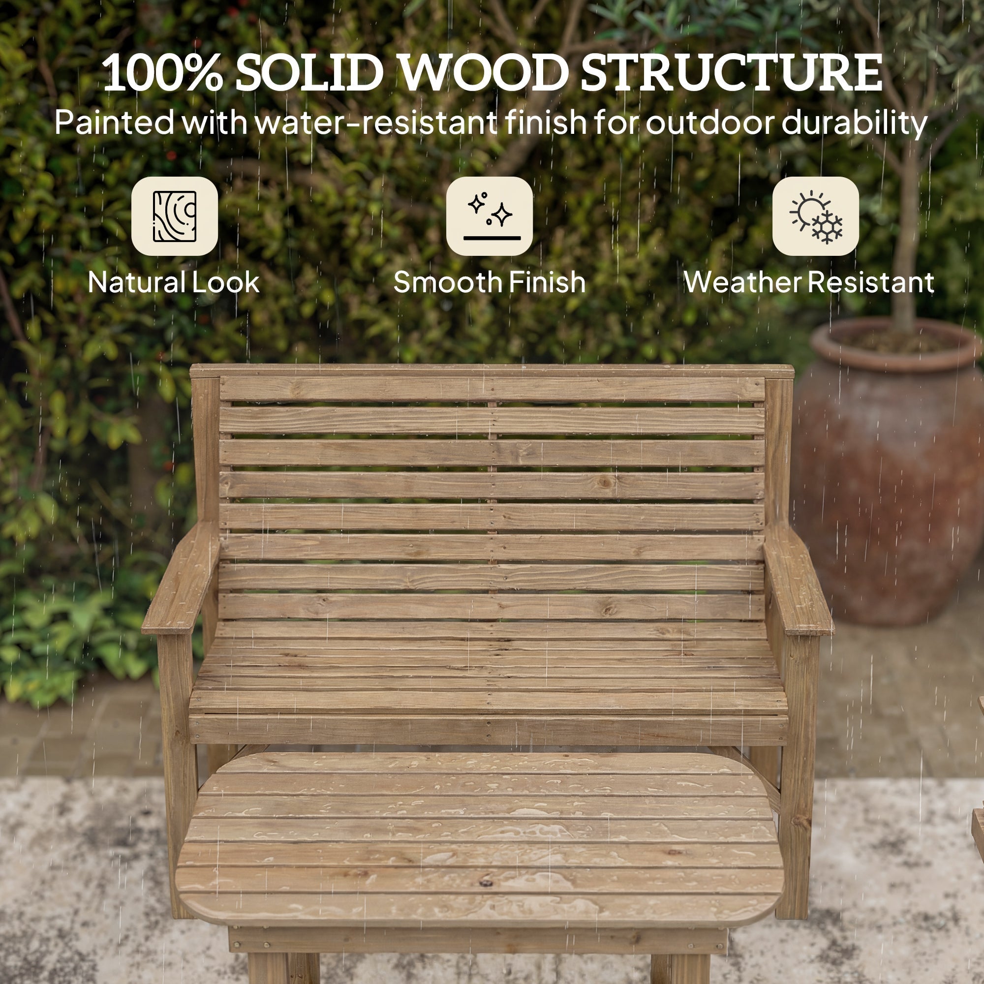 A light brown natural wood bench with matching footrest part of outsunny outdoor furniture set with coffee table