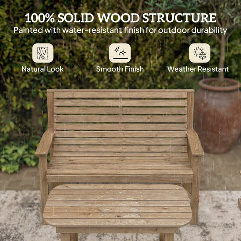 A light brown natural wood bench with matching footrest part of outsunny outdoor furniture set with coffee table