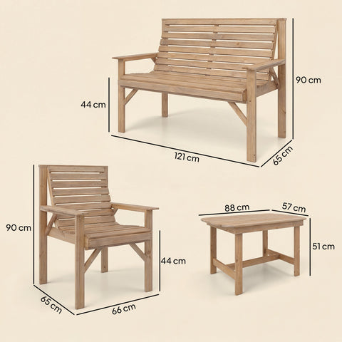 Light brown natural wood outdoor bench with slatted back and seat from outsunny furniture set with coffee table