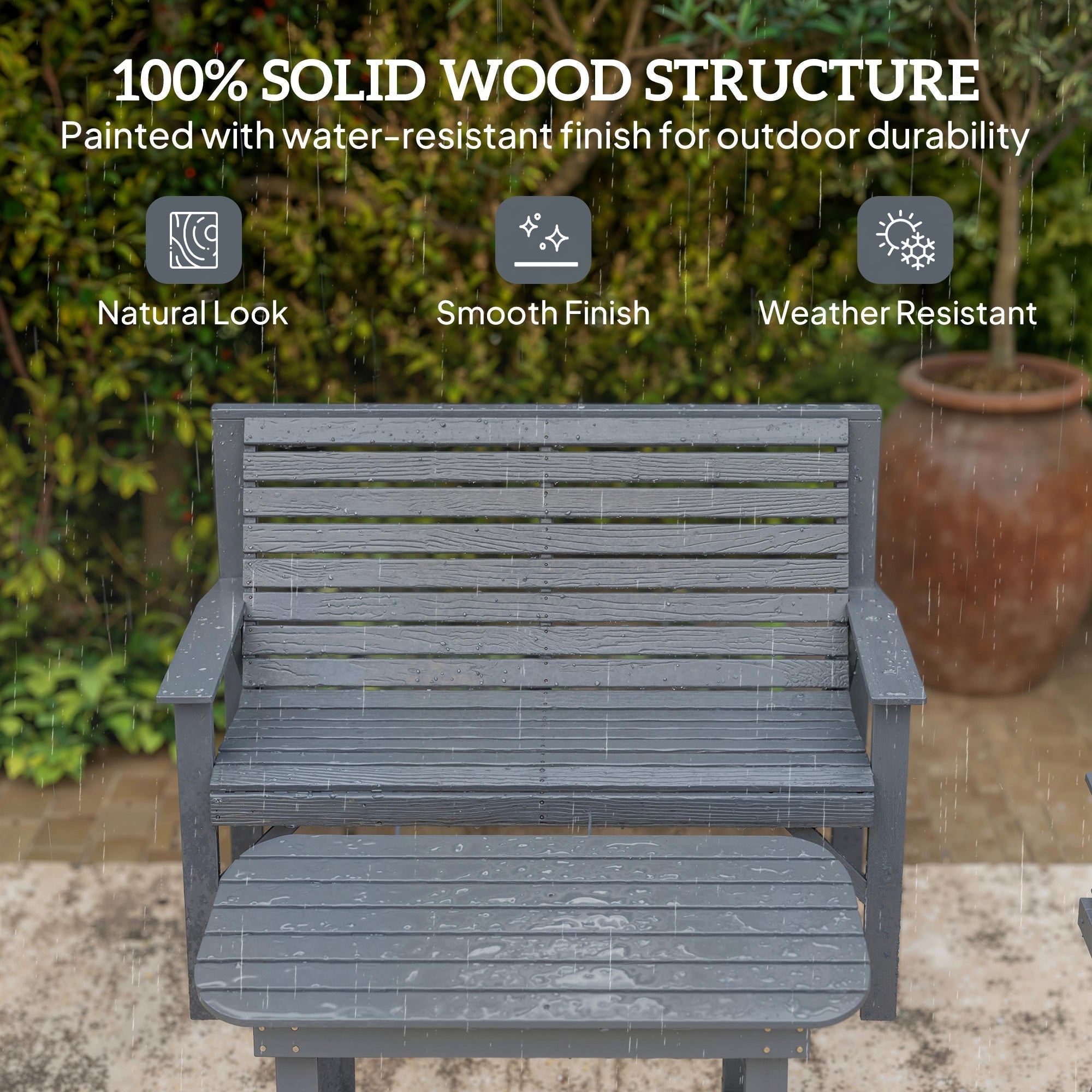 Gray painted wooden bench and footrest with solid wood structure in the outsunny garden furniture set with coffee table