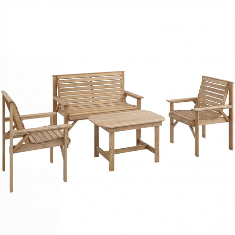 Outsunny 4 piece natural wood furniture set with light brown bench armchairs and coffee table for outdoor patio use