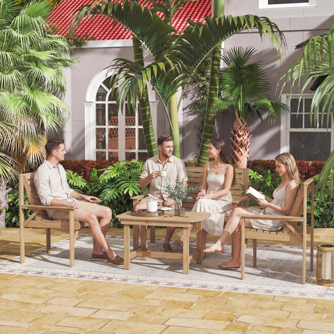 Light brown outsunny 4 piece wooden garden furniture set with natural wood coffee table and four chairs for outdoor use