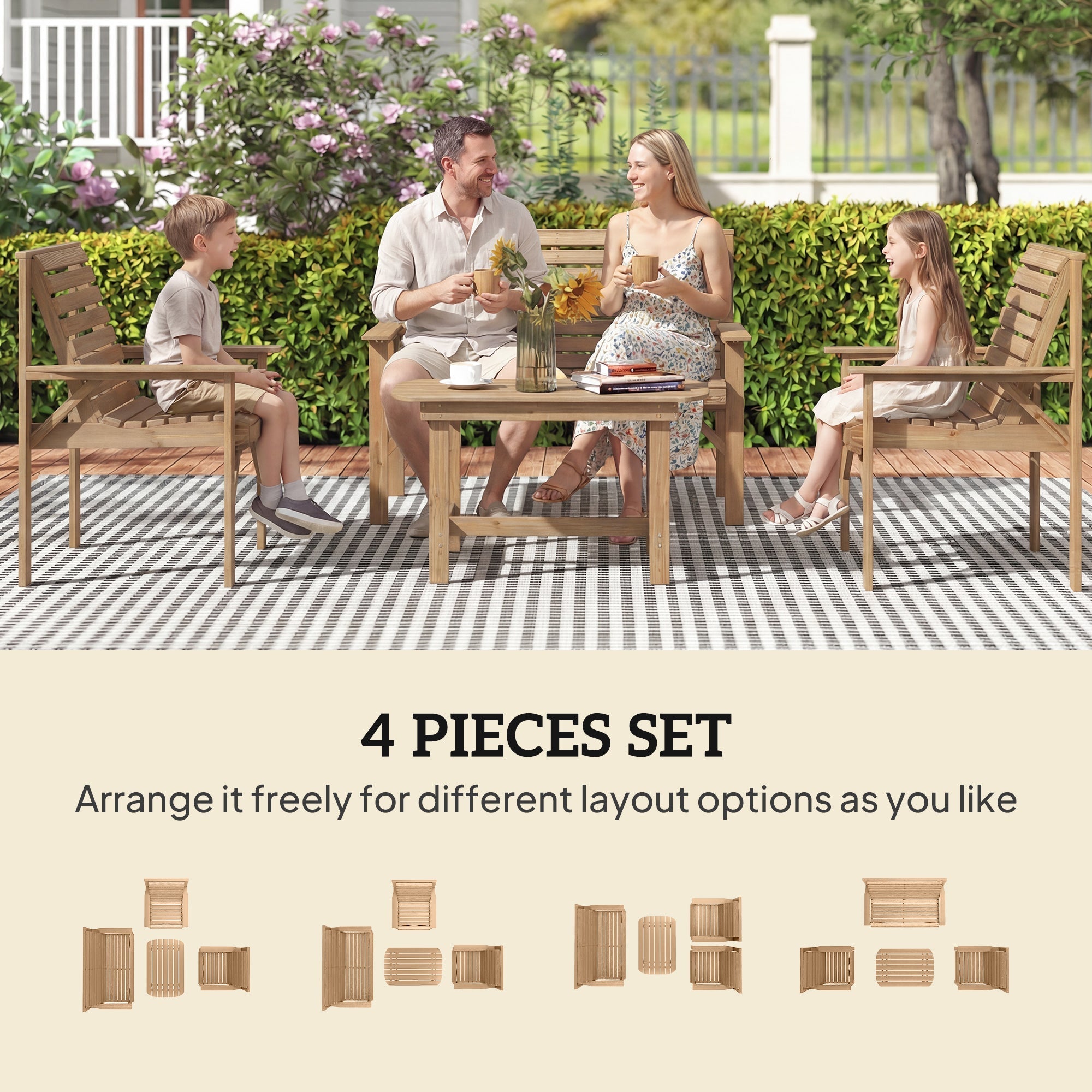 Light brown natural wood outdoor furniture set with slatted design and matching coffee table by outsunny