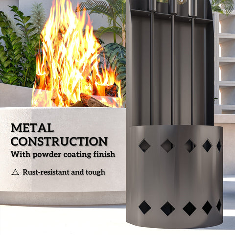 Gray metal fire pit with diamond cutouts and powder-coated finish part of outsunny four-piece fireplace companion set