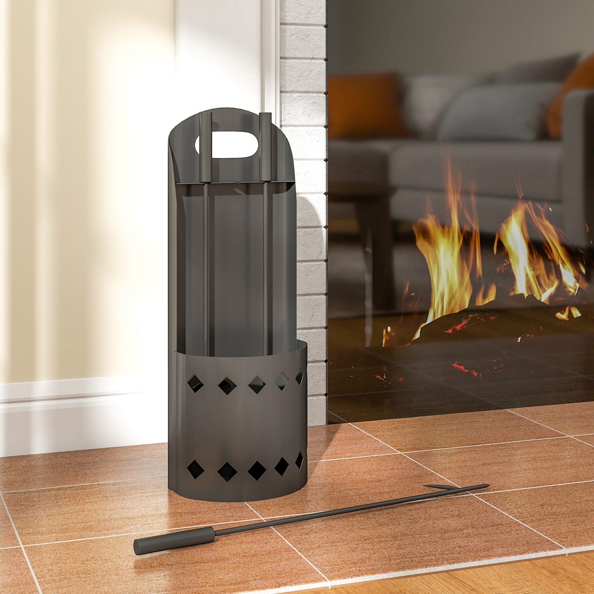 Dark gray metal fireplace companion set with diamond cutouts and handle four-piece set includes broom shovel poker bucket
