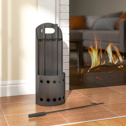 Dark gray metal fireplace companion set with diamond cutouts and handle four-piece set includes broom shovel poker bucket