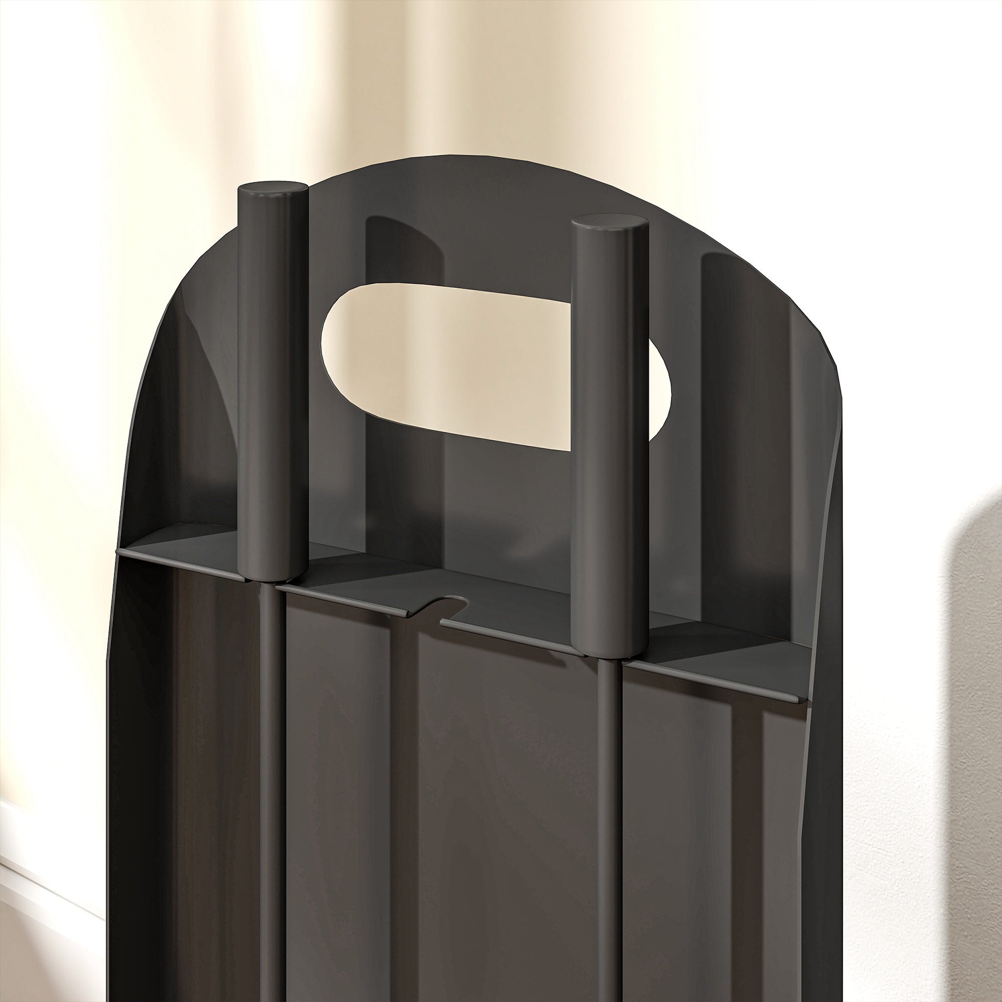 Black plastic trash can with curved top and vertical handles part of outsunny fireplace companion set four piece set includes bucket