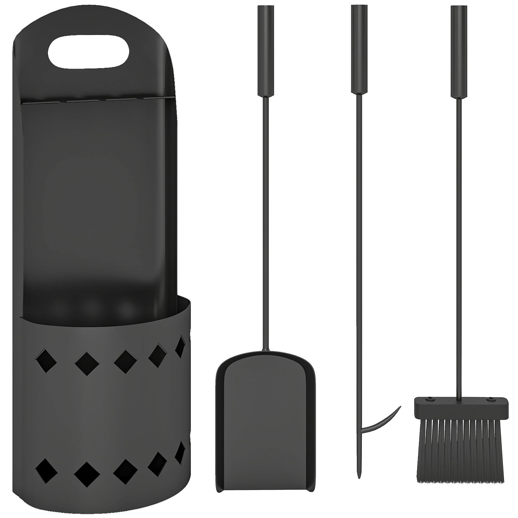 Black metal fireplace companion set with four-piece set includes broom shovel poker and bucket in diamond storage caddy