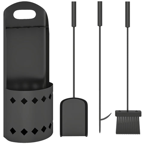 Black metal fireplace companion set with four-piece set includes broom shovel poker and bucket in diamond storage caddy