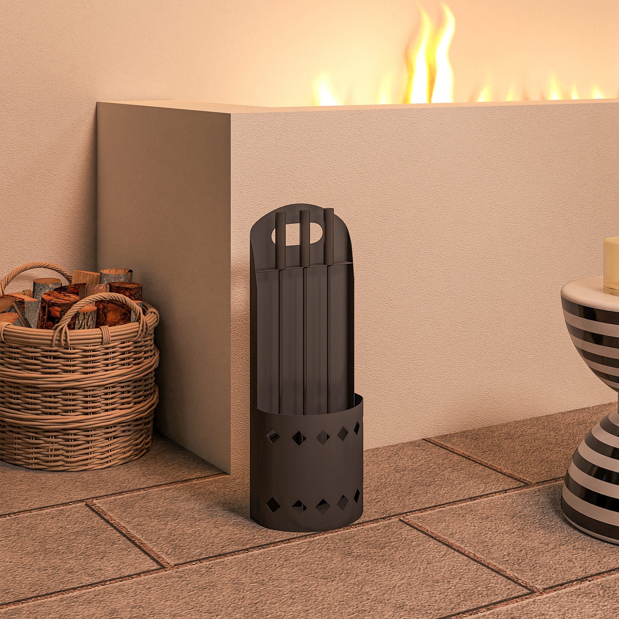 Dark gray metal firewood holder with handle and diamond cutouts from outsunny fireplace companion set four-piece set includes