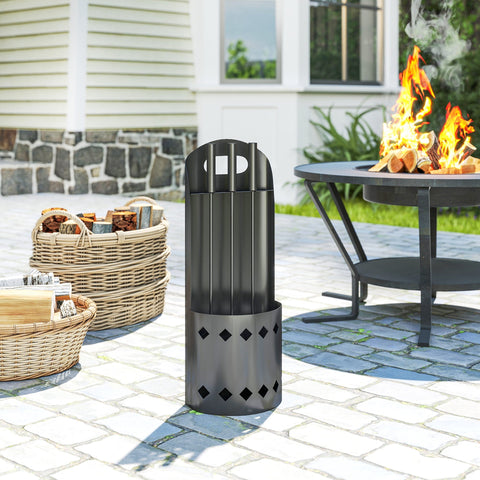 Black metal fire pit with diamond cutouts and handle part of outsunny fireplace companion set four-piece set includes tools