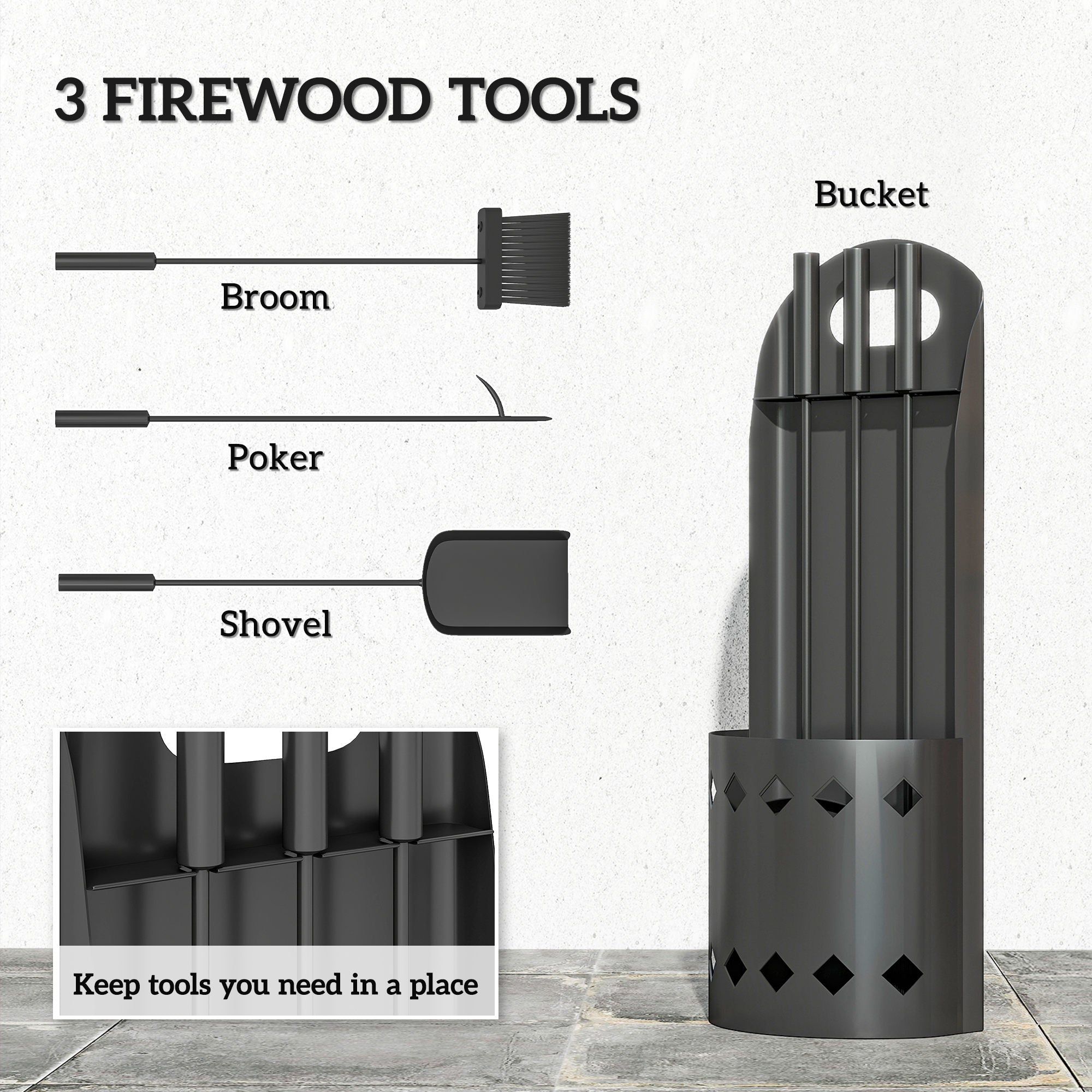 Black metal firewood tool organizer with diamond cutouts and handle loop from outsunny fireplace companion set four-piece set includes