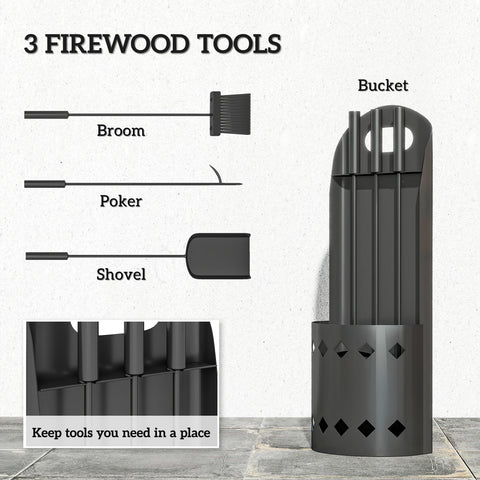 Black metal firewood tool organizer with diamond cutouts and handle loop from outsunny fireplace companion set four-piece set includes
