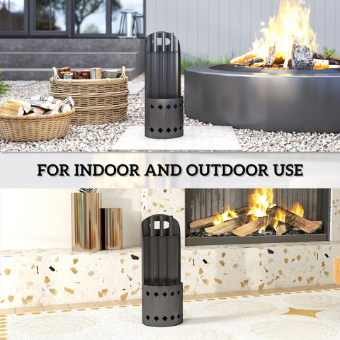 Black metal firewood holder with diamond cutouts and handle from outsunny four-piece fireplace companion set