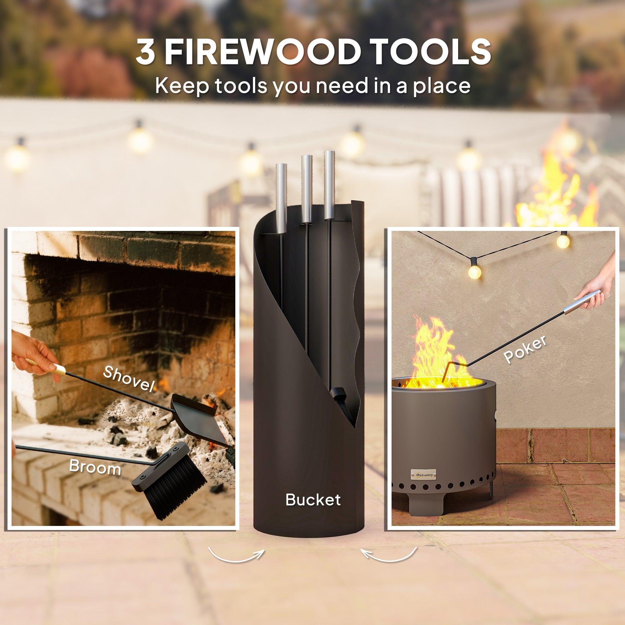 Black metal firewood tool holder with three slots for shovel broom and poker in outsunny four-piece companion set