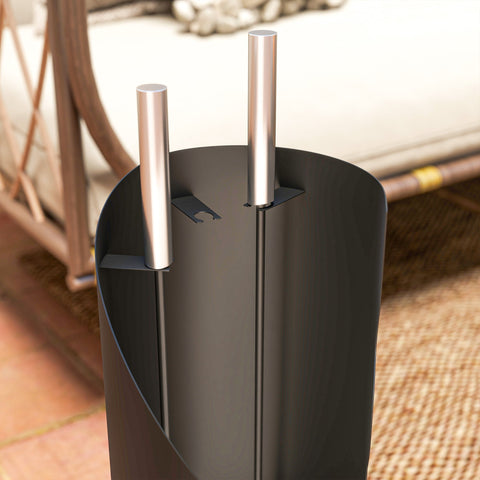 Black metal fireplace tool holder with two silver cylindrical handles part of outsunny four-piece set includes broom shovel poker and bucket