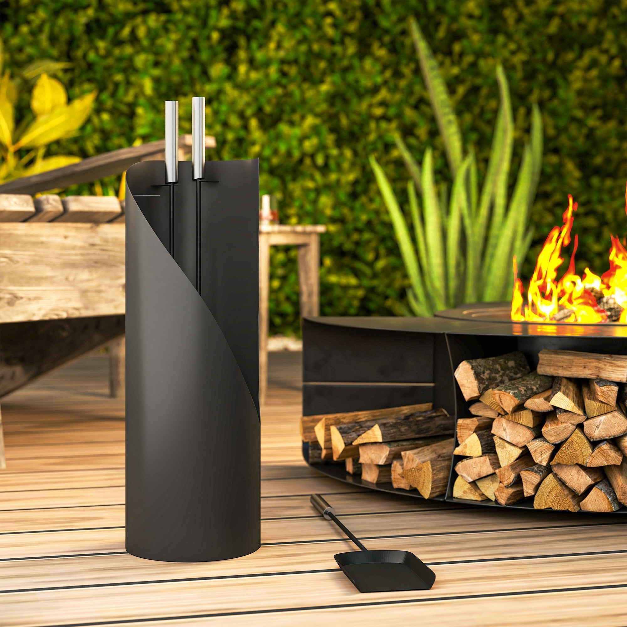 Black matte metal firewood organizer with sleek curved design holding two silver tools from outsunny four-piece set includes companion set 20w x 20d