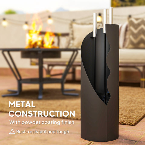 Black metal fire pit tool holder with sleek curved design and powder-coated finish in outsunny four-piece set includes companion set