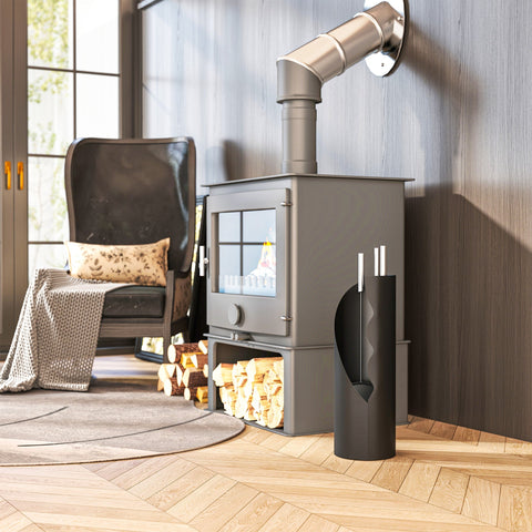 Modern gray metal wood-burning stove with glass front and outsunny 4 piece companion set includes broom shovel poker bucket