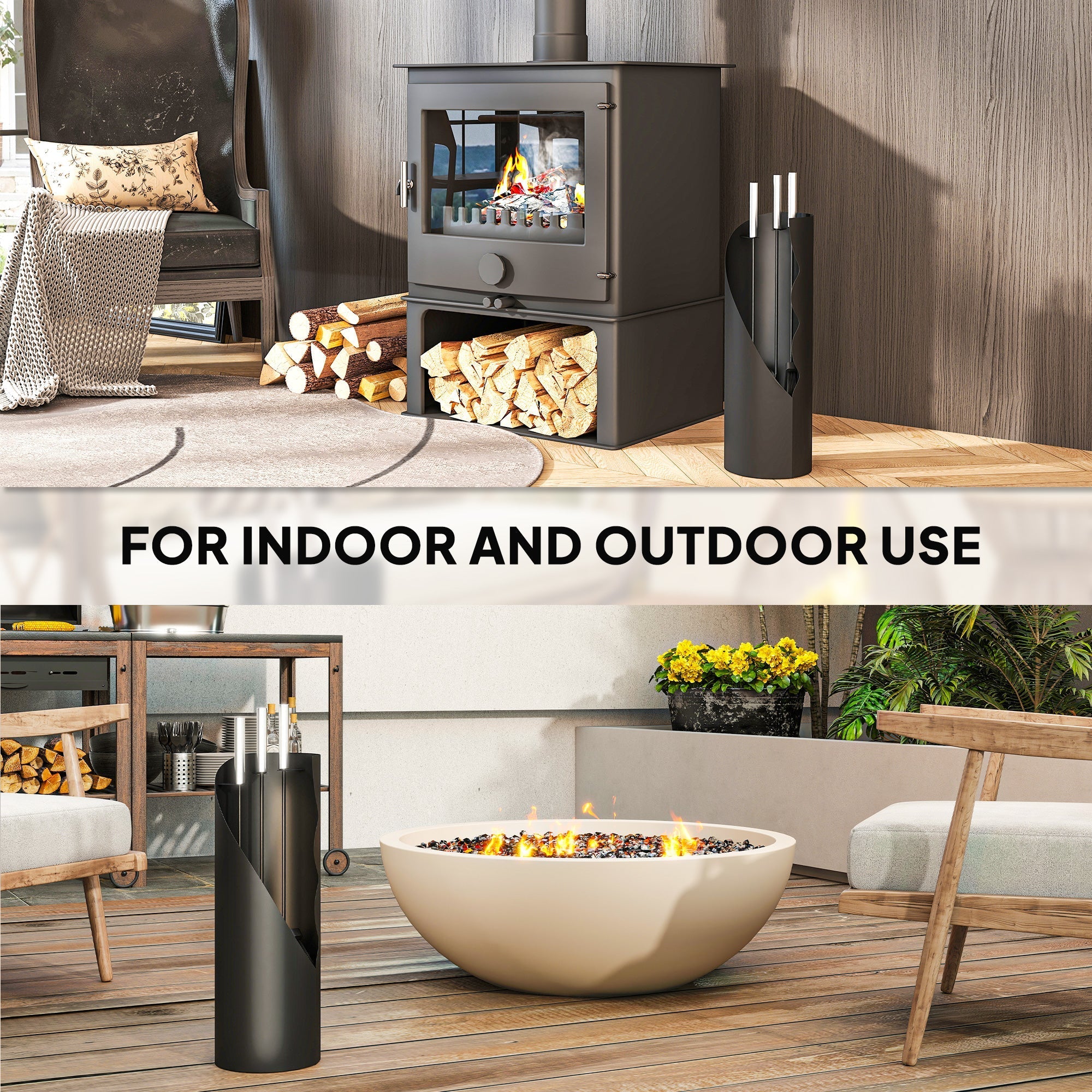 Black metal wood-burning stove with glass front and storage, paired with outsunny four-piece set includes companion set tools