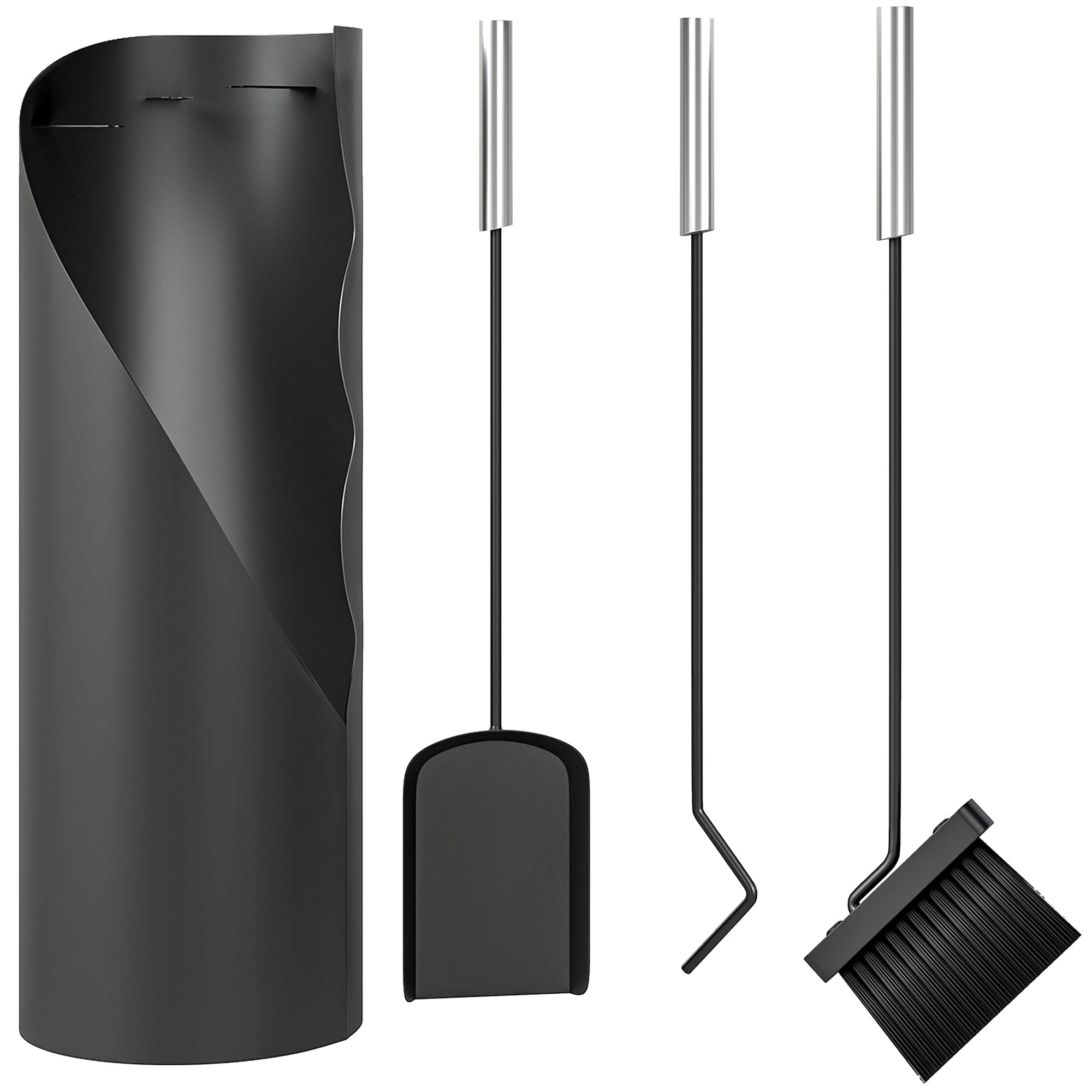 Outsunny black metal four-piece set includes broom shovel poker and bucket with sleek modern design and companion case