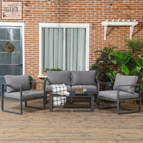 Outsunny modern gray outdoor sofa set with aluminum frame features two chairs, single sofa, and a coffee table for patio use