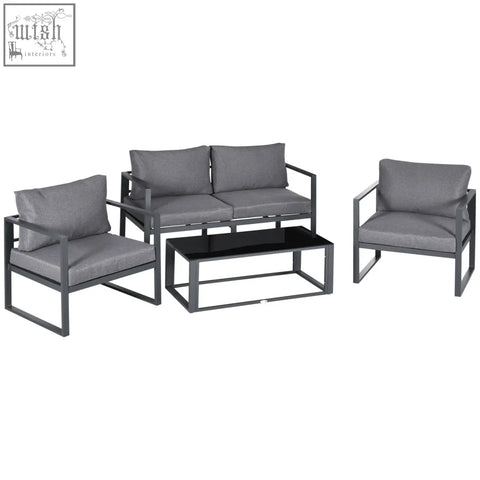 Modern gray outdoor patio set with sleek black aluminium frame featuring single sofa, two chairs, bench, and coffee table