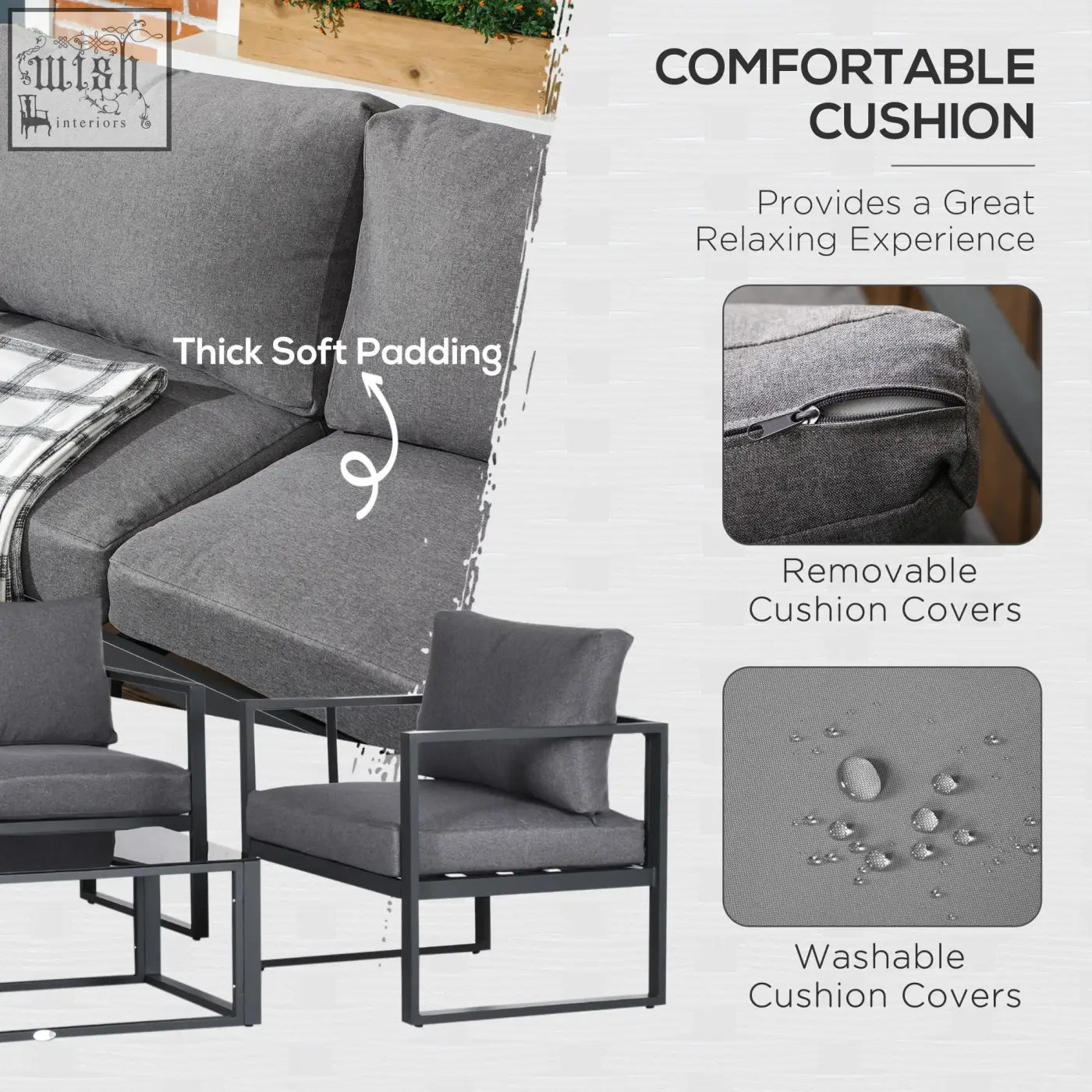 Gray outsunny outdoor sectional sofa with thick cushions and removable covers includes coffee table single sofa two chairs