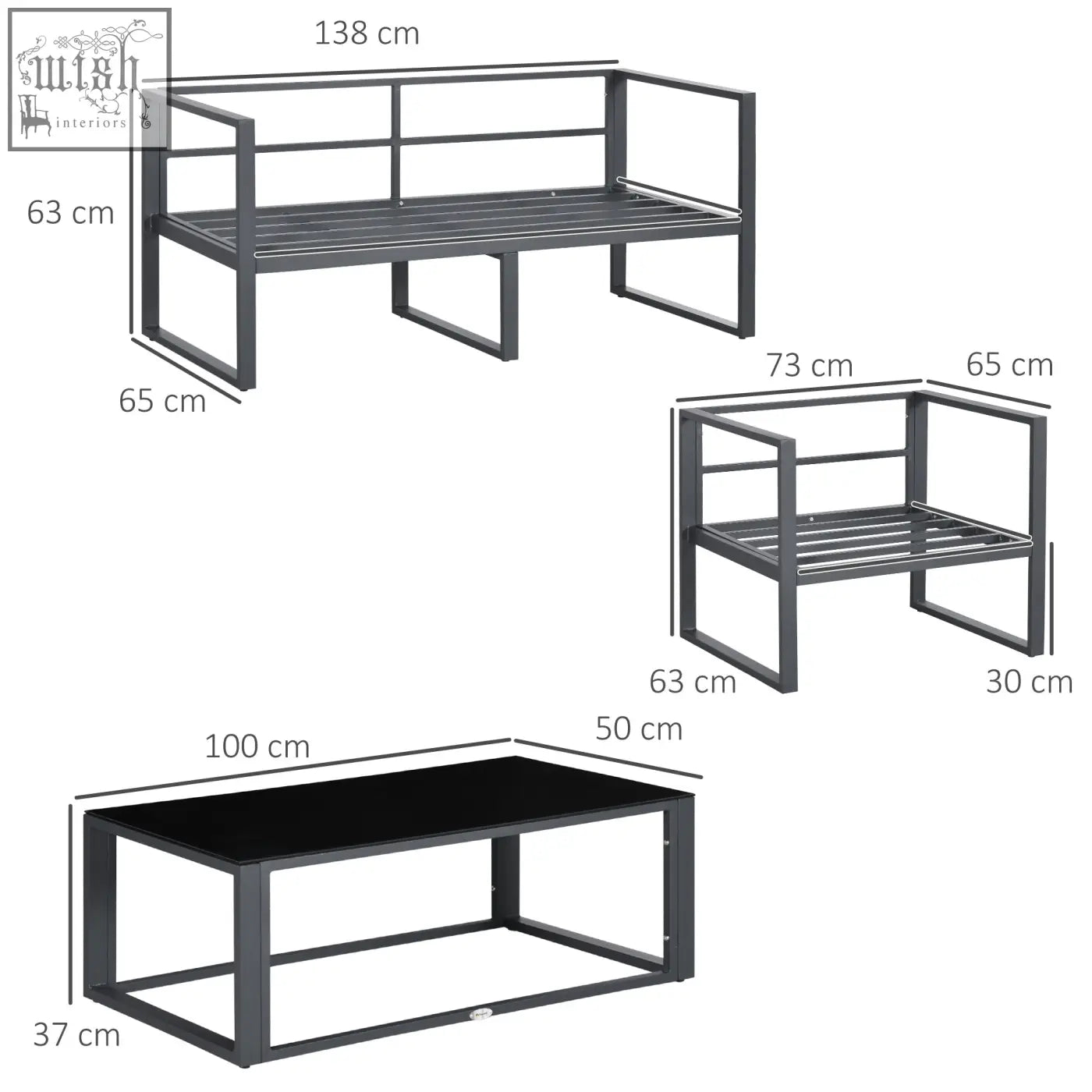 Black glass top coffee table with dark gray metal frame part of outsunny garden sofa set with two chairs and single sofa