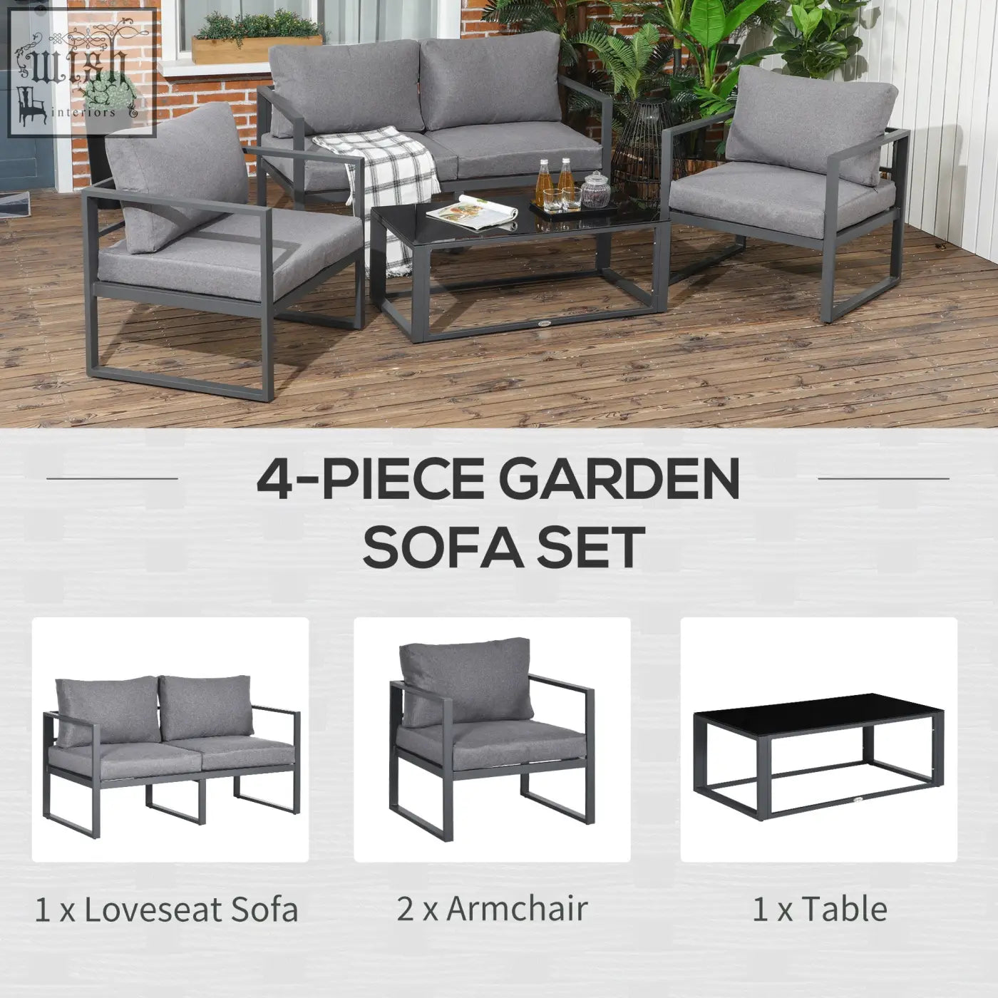 Modern gray outdoor sofa set with two chairs single sofa and coffee table featuring aluminum frame and gray cushions
