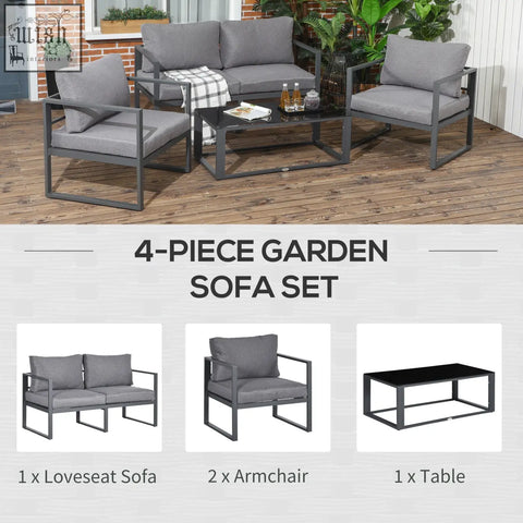 Modern gray outdoor sofa set with two chairs single sofa and coffee table featuring aluminum frame and gray cushions