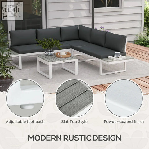 Modern outdoor corner sofa with dark gray cushions white powder coated steel frame and wood grain coffee table