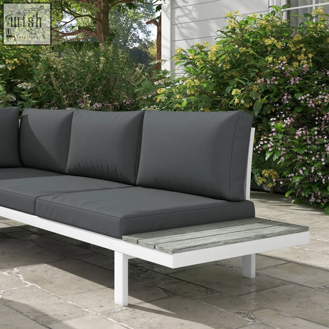 Modern outsunny corner sofa set with powder coated steel white frame dark gray cushions and wood grain coffee table