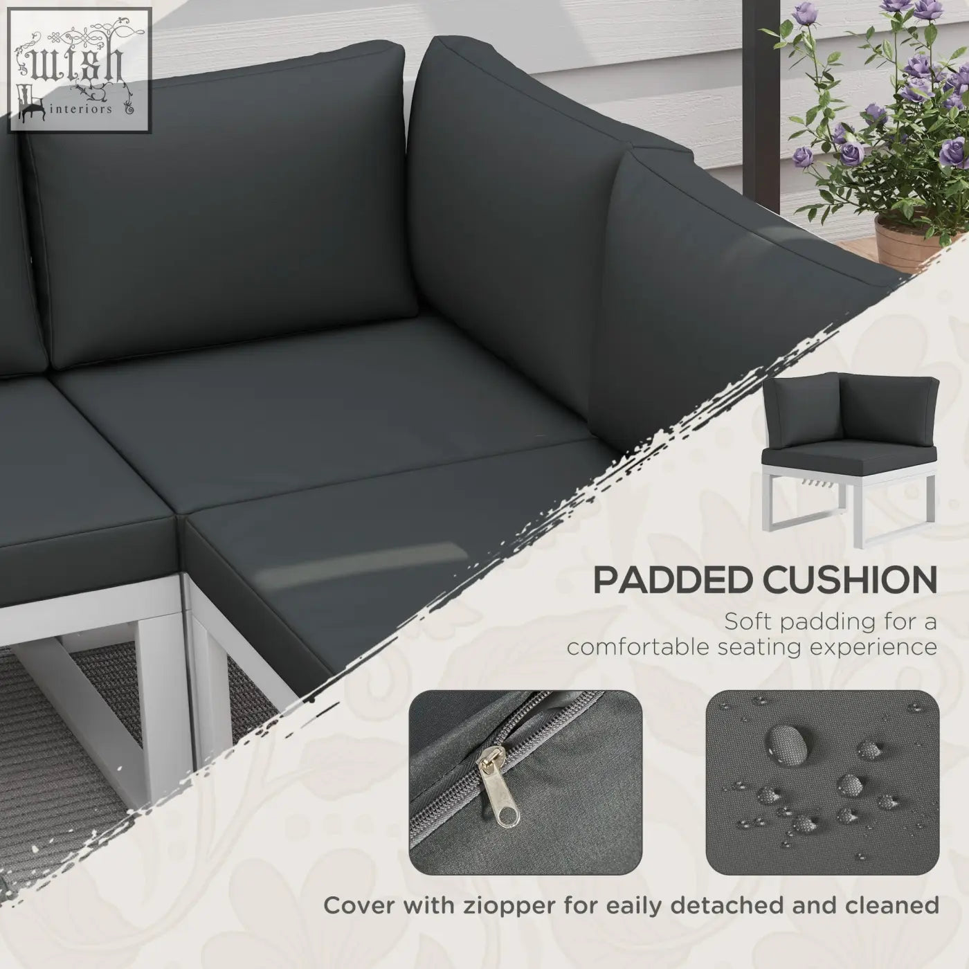 Dark gray padded cushions with zipper cover for easy cleaning on outsunny powder coated steel corner sofa with coffee table