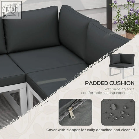 Dark gray padded cushions with zipper cover for easy cleaning on outsunny powder coated steel corner sofa with coffee table