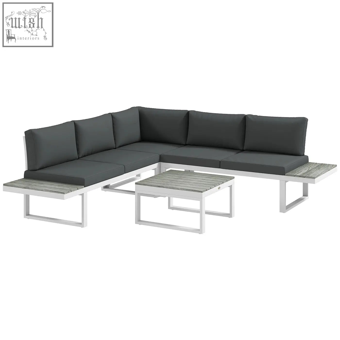 Modern outdoor corner sofa with dark gray cushions white powder coated steel frame and wood grain coffee table