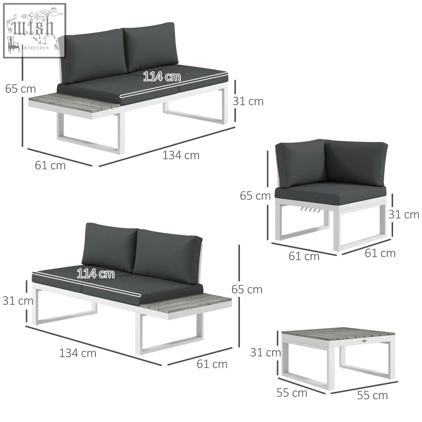 Modern outsunny corner sofa set with powder coated steel frame gray cushions and wood grain plastic coffee table
