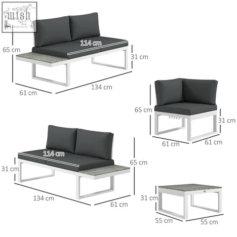 Modern outsunny corner sofa set with powder coated steel frame gray cushions and wood grain plastic coffee table