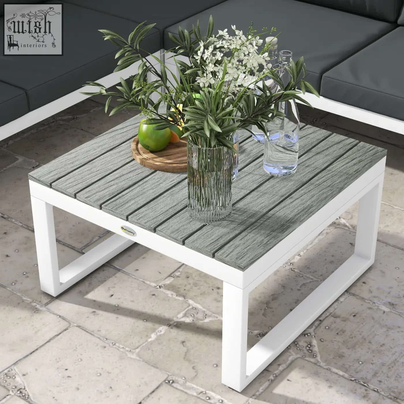 Modern outdoor coffee table with gray wood grain top and white powder coated steel frame for patio corner sofa set
