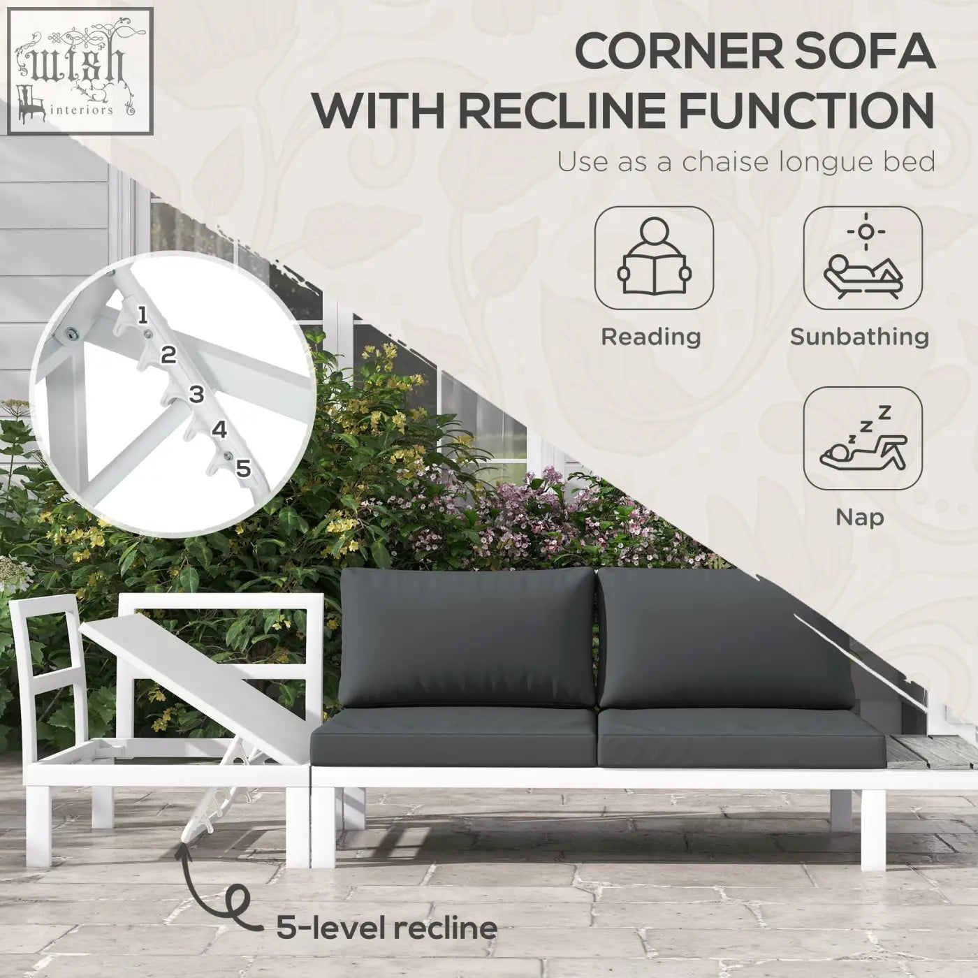 White powder coated steel corner sofa with black cushions and 5-level recline plus matching wood grain coffee table